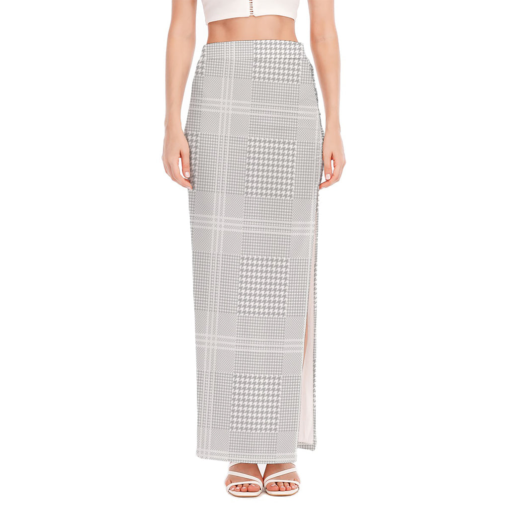 Grey And White Glen Plaid Print High Slit Maxi Skirt