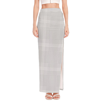 Grey And White Glen Plaid Print High Slit Maxi Skirt