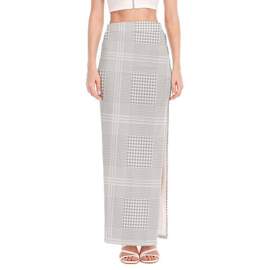 Grey And White Glen Plaid Print High Slit Maxi Skirt