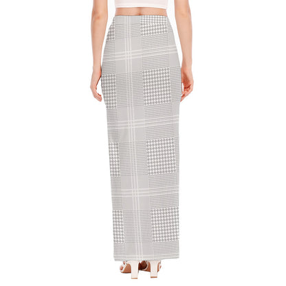 Grey And White Glen Plaid Print High Slit Maxi Skirt