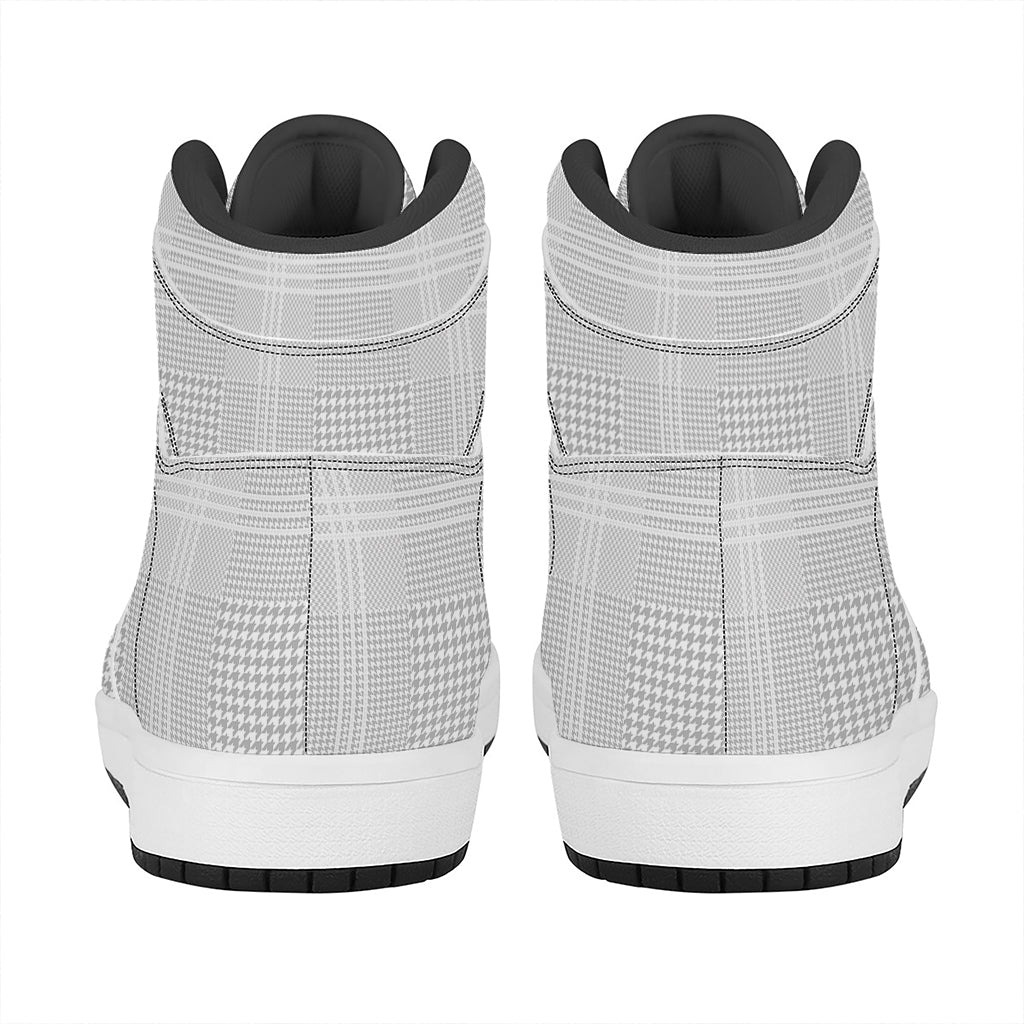 Grey And White Glen Plaid Print High Top Leather Sneakers