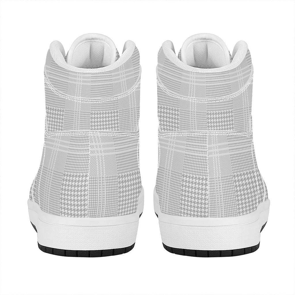 Grey And White Glen Plaid Print High Top Leather Sneakers