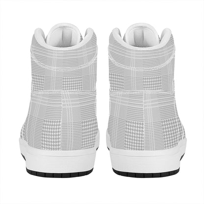 Grey And White Glen Plaid Print High Top Leather Sneakers