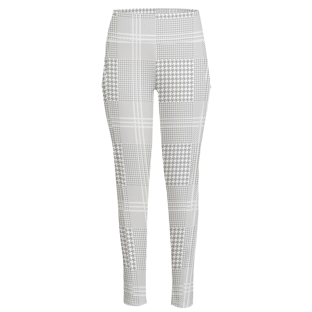 Grey And White Glen Plaid Print High-Waisted Pocket Leggings