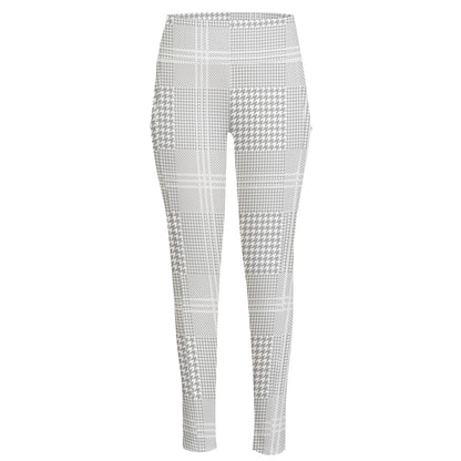 Grey And White Glen Plaid Print High-Waisted Pocket Leggings