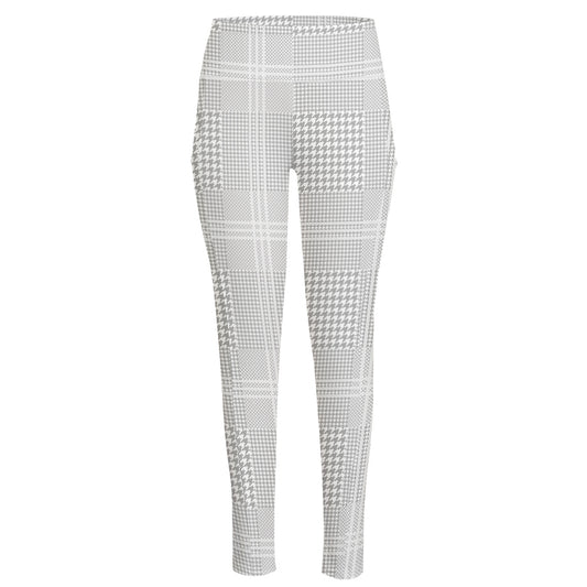 Grey And White Glen Plaid Print High-Waisted Pocket Leggings