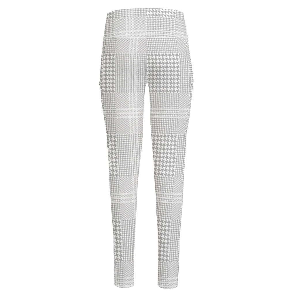 Grey And White Glen Plaid Print High-Waisted Pocket Leggings