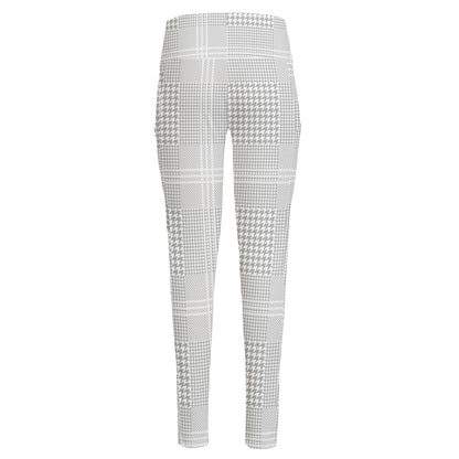 Grey And White Glen Plaid Print High-Waisted Pocket Leggings