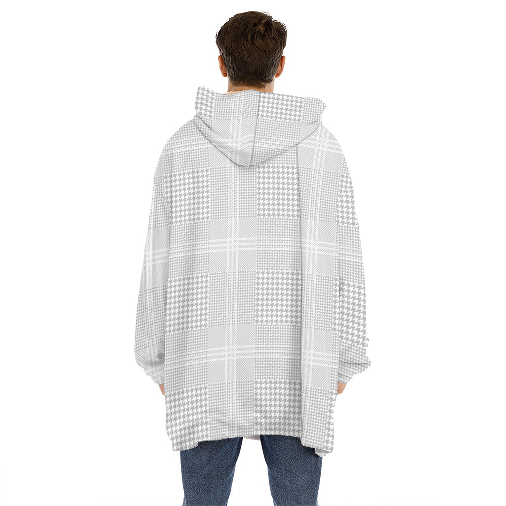 Grey And White Glen Plaid Print Hoodie Blanket