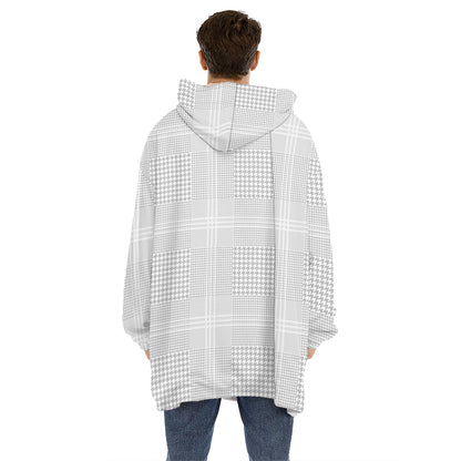 Grey And White Glen Plaid Print Hoodie Blanket
