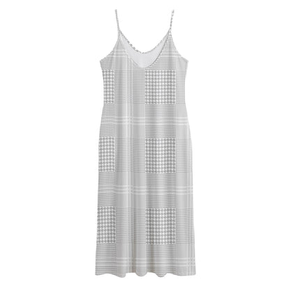 Grey And White Glen Plaid Print Jersey Midi Cami Dress
