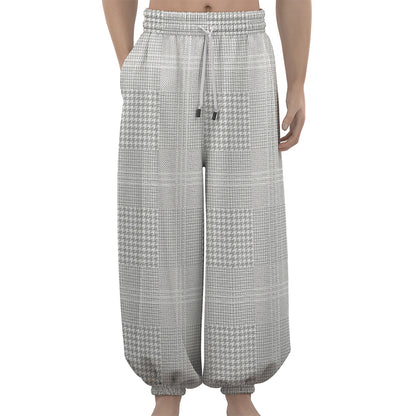 Grey And White Glen Plaid Print Lantern Pants