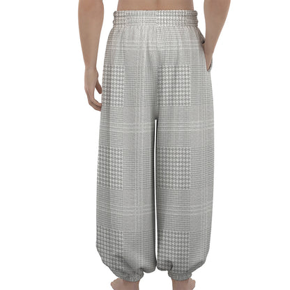 Grey And White Glen Plaid Print Lantern Pants