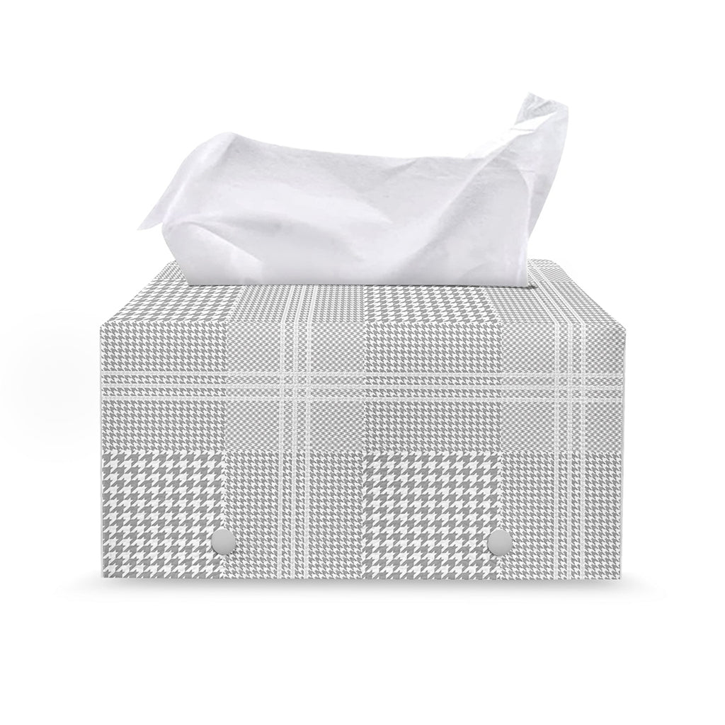 Grey And White Glen Plaid Print Leather Tissue Box Cover