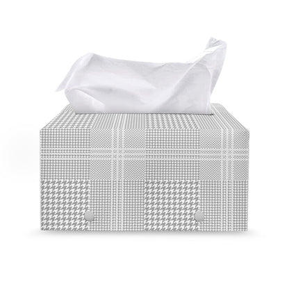 Grey And White Glen Plaid Print Leather Tissue Box Cover