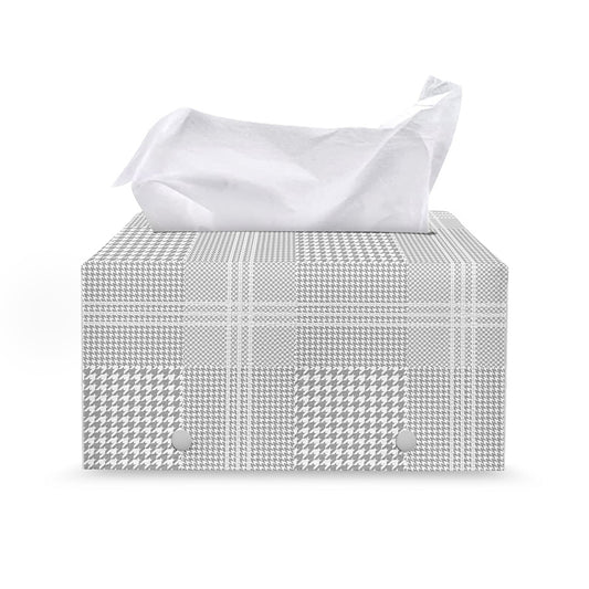 Grey And White Glen Plaid Print Leather Tissue Box Cover