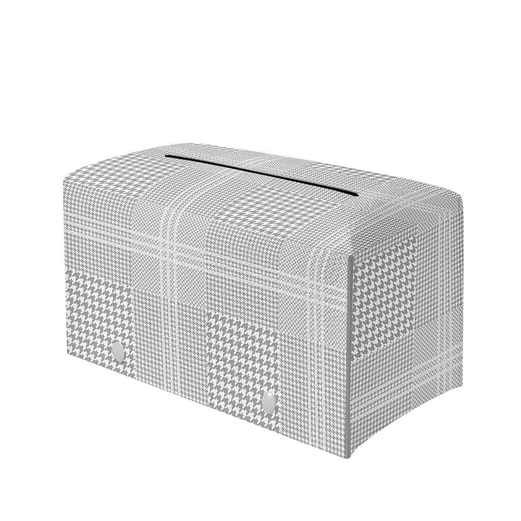 Grey And White Glen Plaid Print Leather Tissue Box Cover