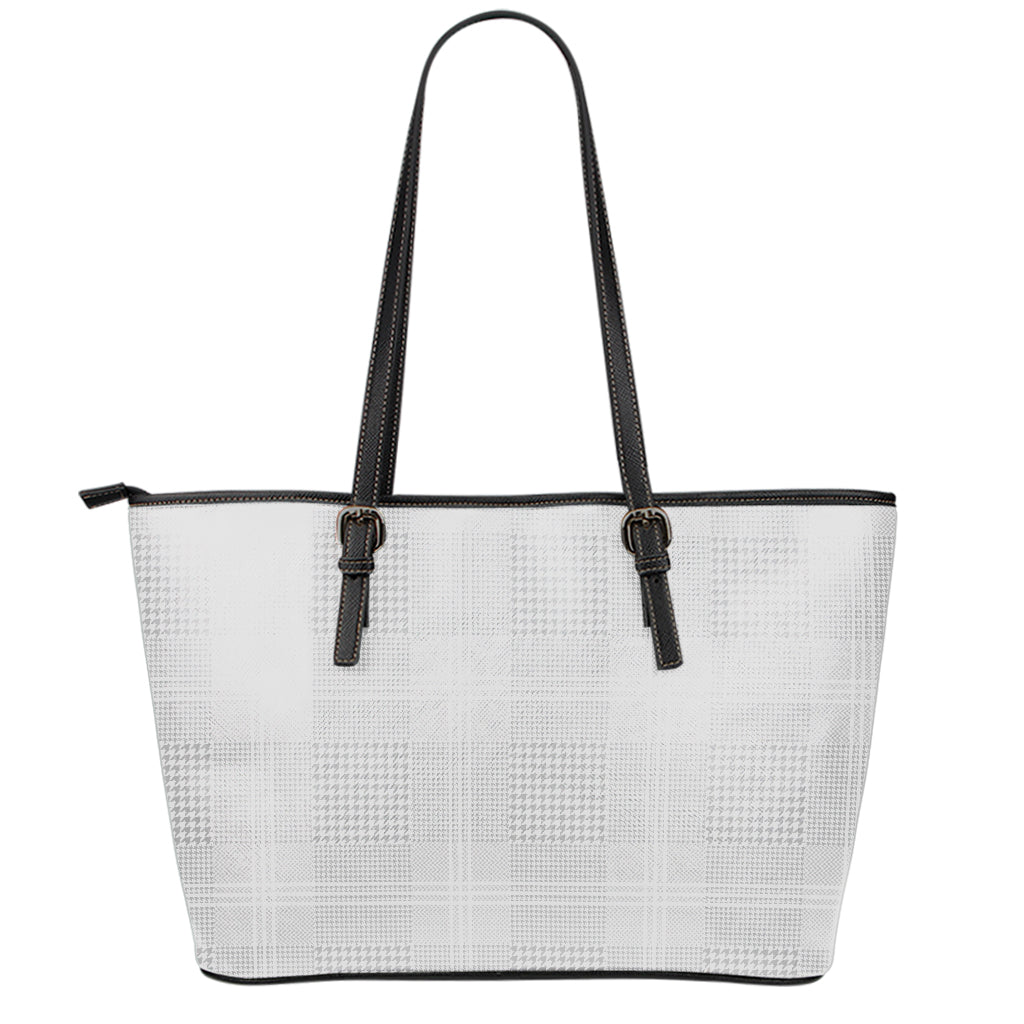 Grey And White Glen Plaid Print Leather Tote Bag
