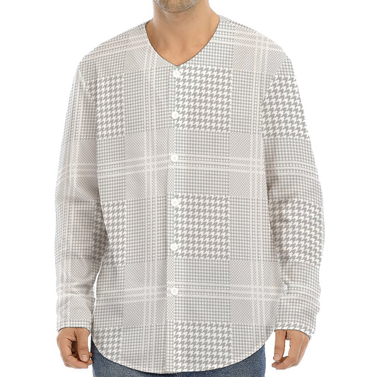 Grey And White Glen Plaid Print Long Sleeve Baseball Jersey