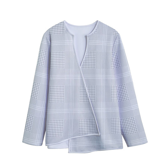 Grey And White Glen Plaid Print Long Sleeve Short Coat