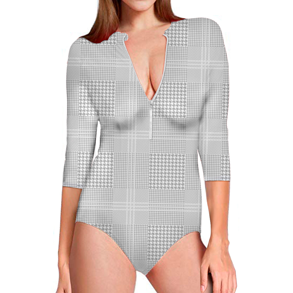 Grey And White Glen Plaid Print Long Sleeve Swimsuit
