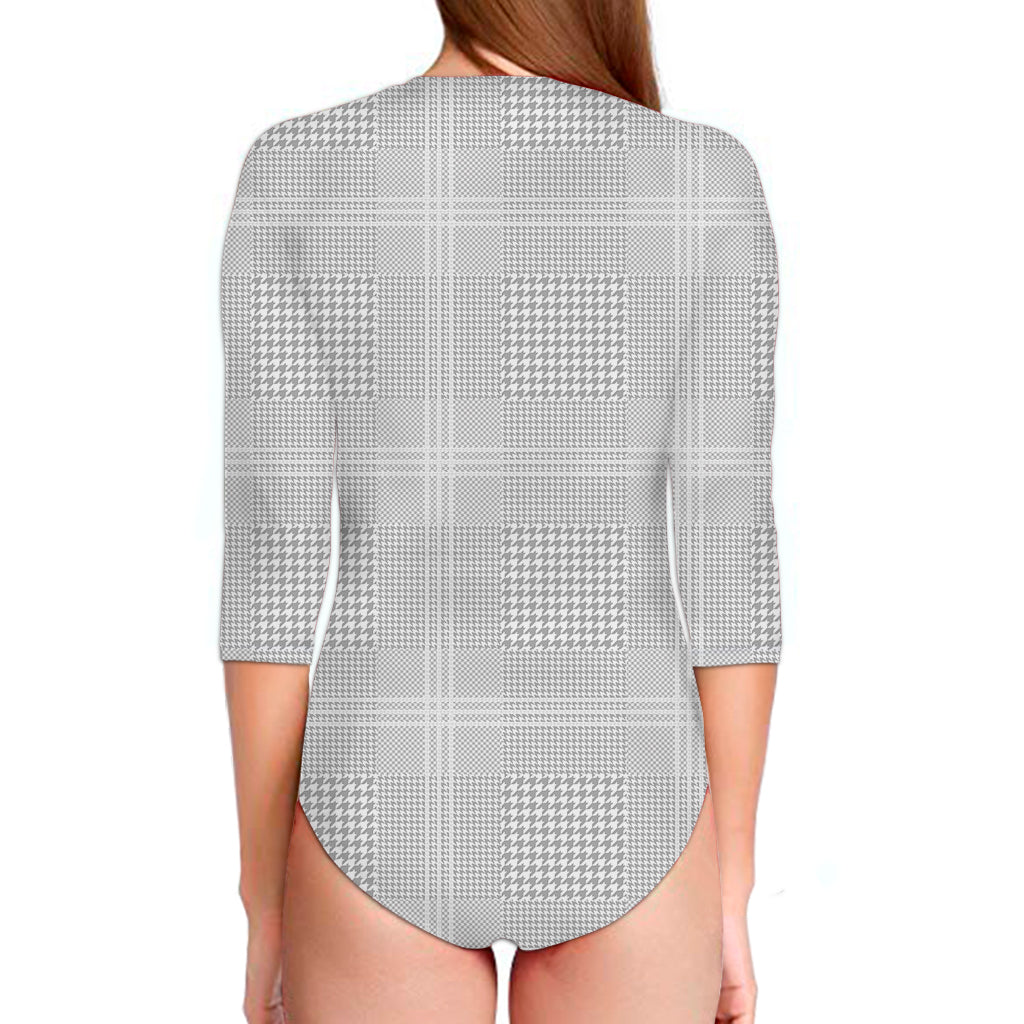 Grey And White Glen Plaid Print Long Sleeve Swimsuit