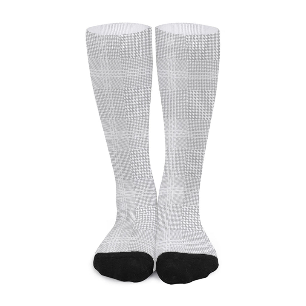 Grey And White Glen Plaid Print Long Socks