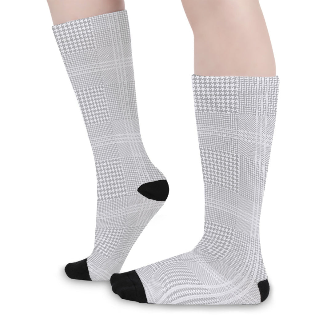 Grey And White Glen Plaid Print Long Socks