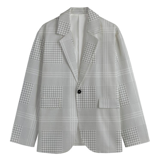 Grey And White Glen Plaid Print Men's Blazer