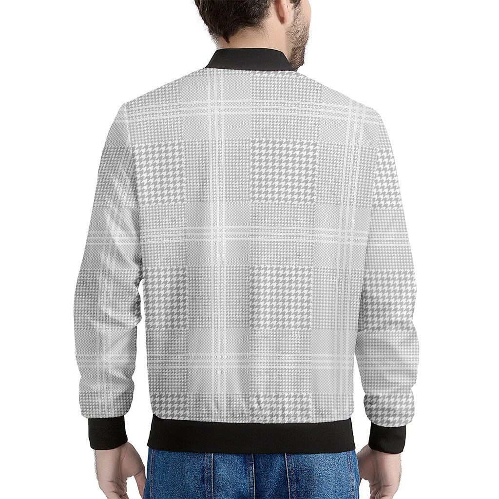 Grey And White Glen Plaid Print Men's Bomber Jacket