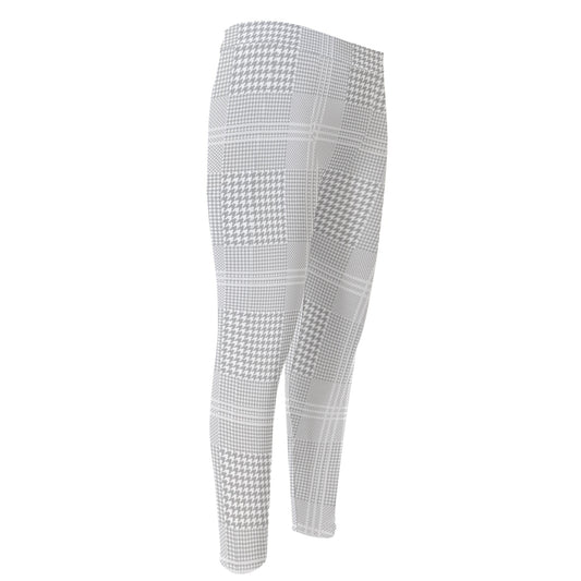 Grey And White Glen Plaid Print Men's Compression Pants