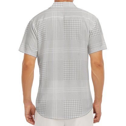 Grey And White Glen Plaid Print Men's Deep V-Neck Shirt