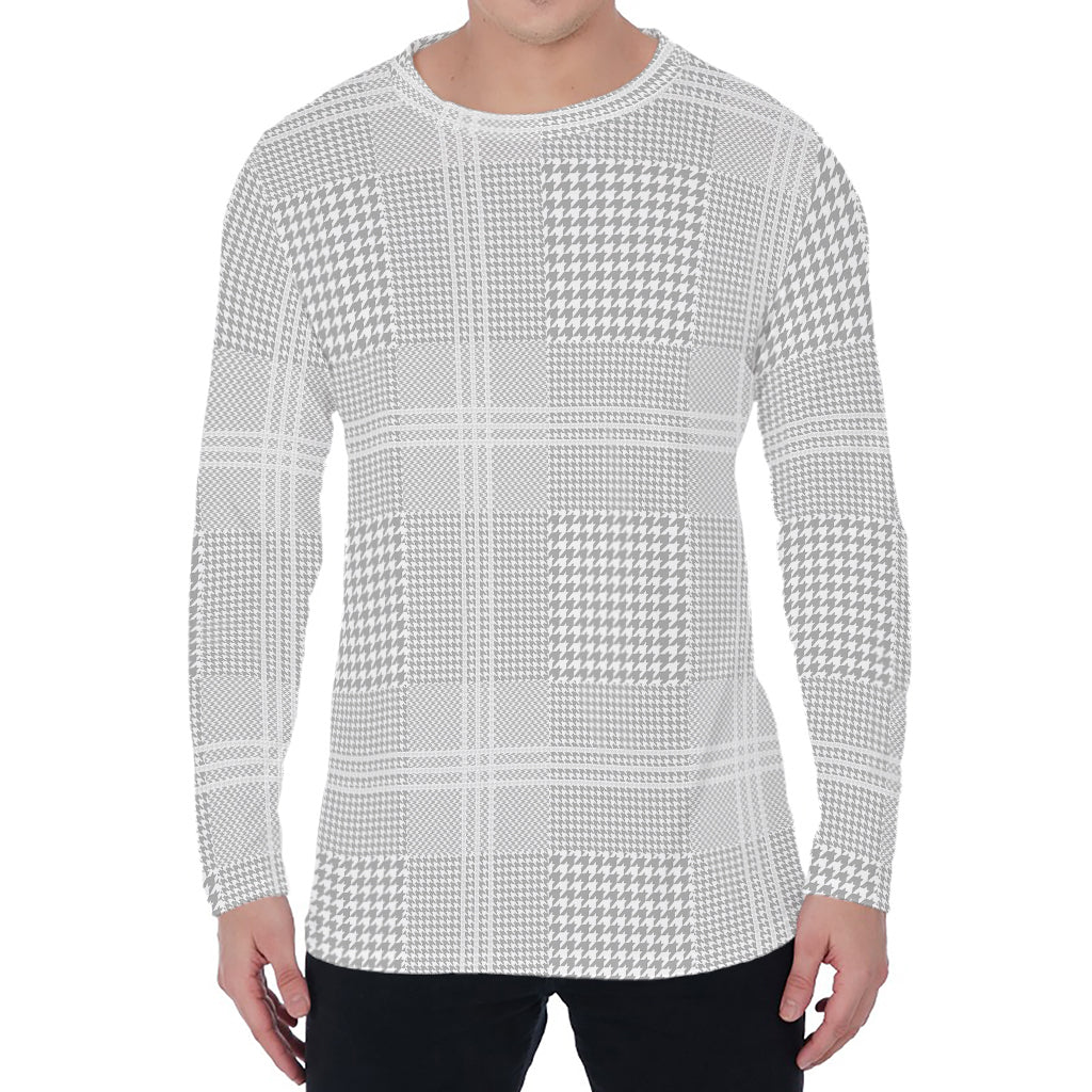 Grey And White Glen Plaid Print Men's Long Sleeve T-Shirt