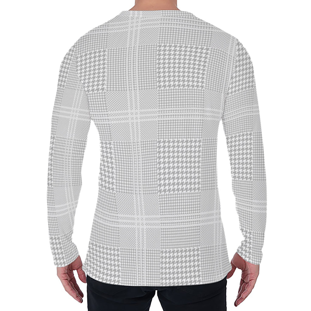 Grey And White Glen Plaid Print Men's Long Sleeve T-Shirt