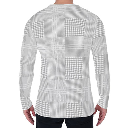Grey And White Glen Plaid Print Men's Long Sleeve T-Shirt
