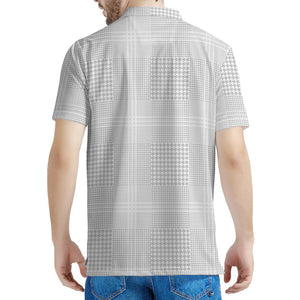 Grey And White Glen Plaid Print Men's Polo Shirt