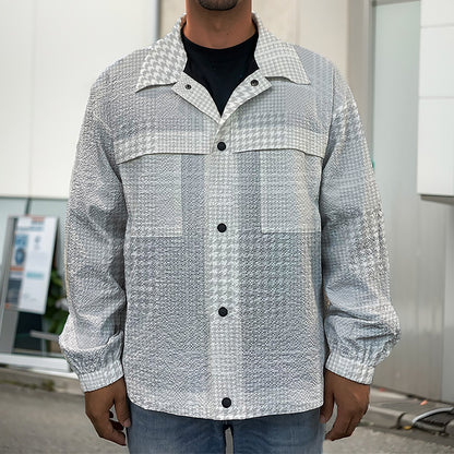 Grey And White Glen Plaid Print Men's Shirt Jacket