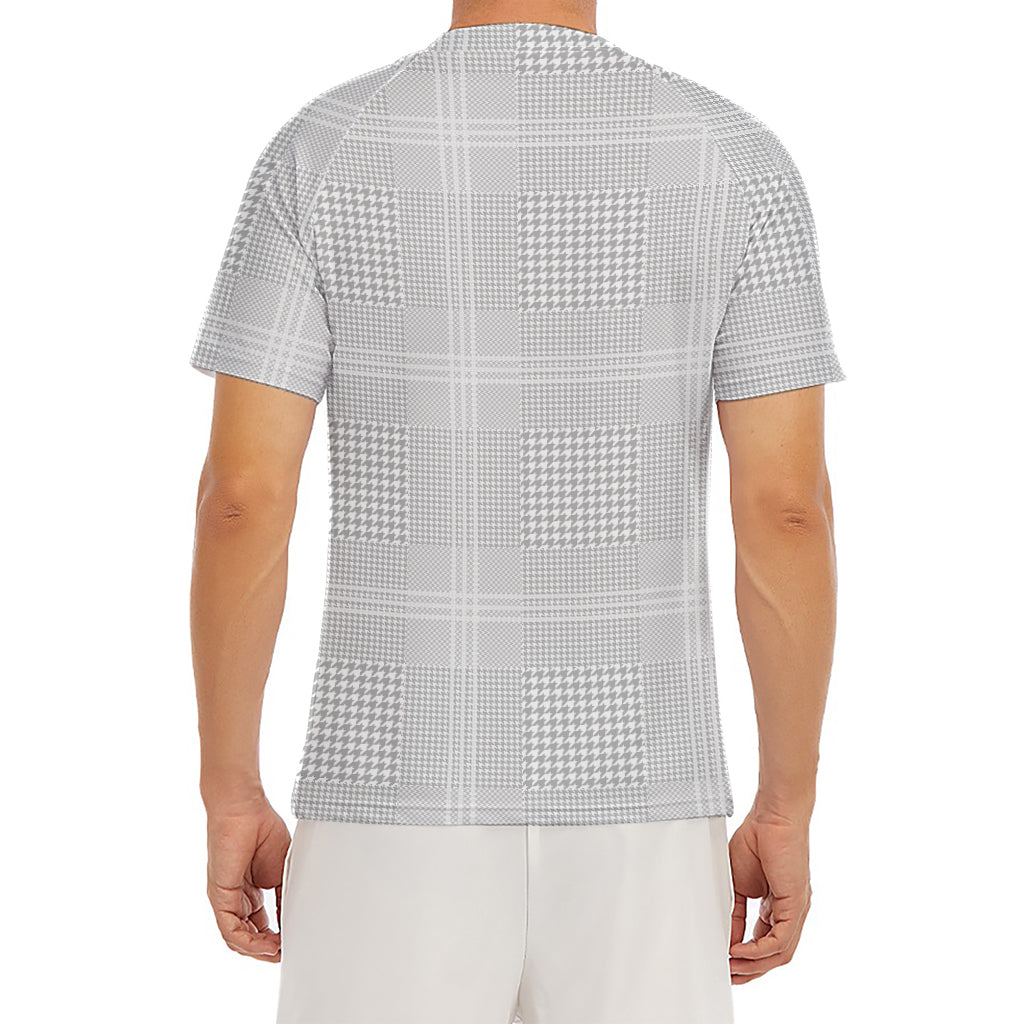 Grey And White Glen Plaid Print Men's Short Sleeve Rash Guard
