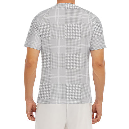 Grey And White Glen Plaid Print Men's Short Sleeve Rash Guard