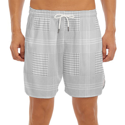 Grey And White Glen Plaid Print Men's Split Running Shorts