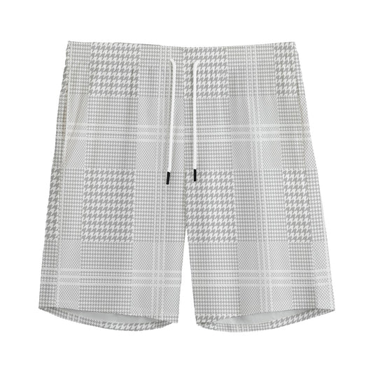 Grey And White Glen Plaid Print Men's Sports Shorts