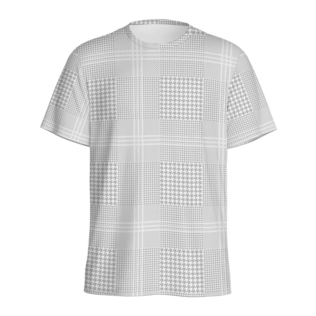 Grey And White Glen Plaid Print Men's Sports T-Shirt
