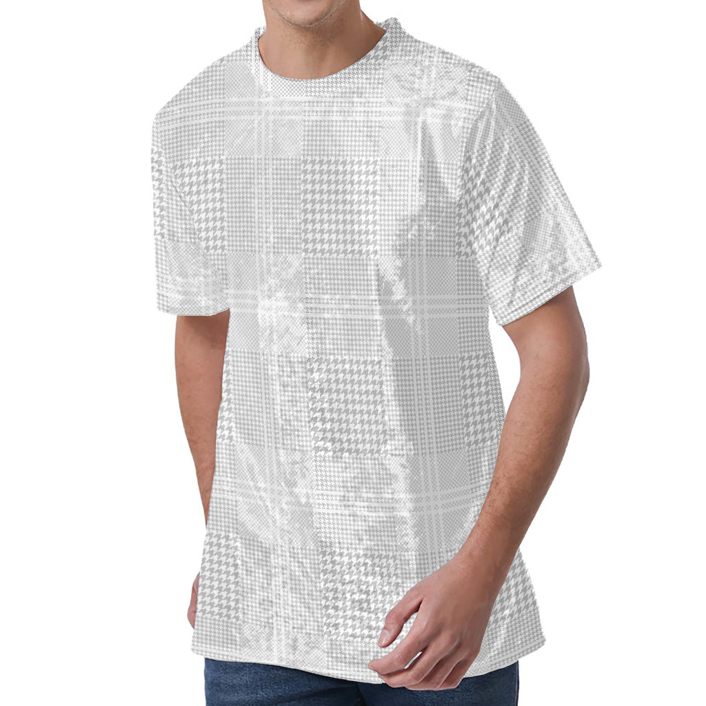 Grey And White Glen Plaid Print Men's Velvet T-Shirt