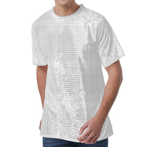 Grey And White Glen Plaid Print Men's Velvet T-Shirt