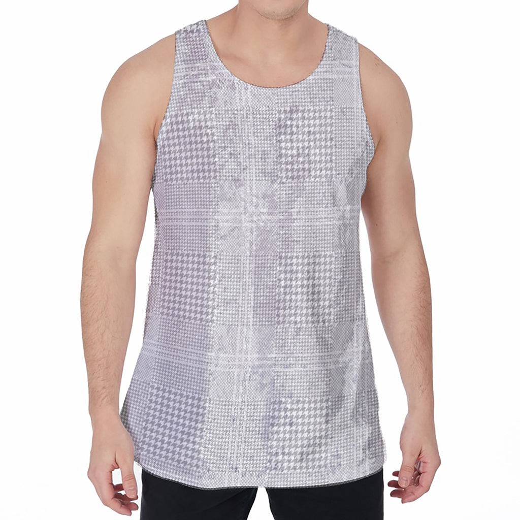 Grey And White Glen Plaid Print Men's Velvet Tank Top