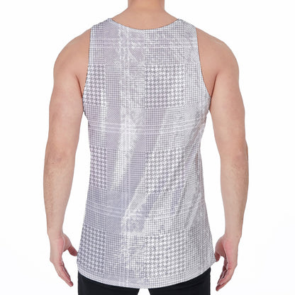Grey And White Glen Plaid Print Men's Velvet Tank Top
