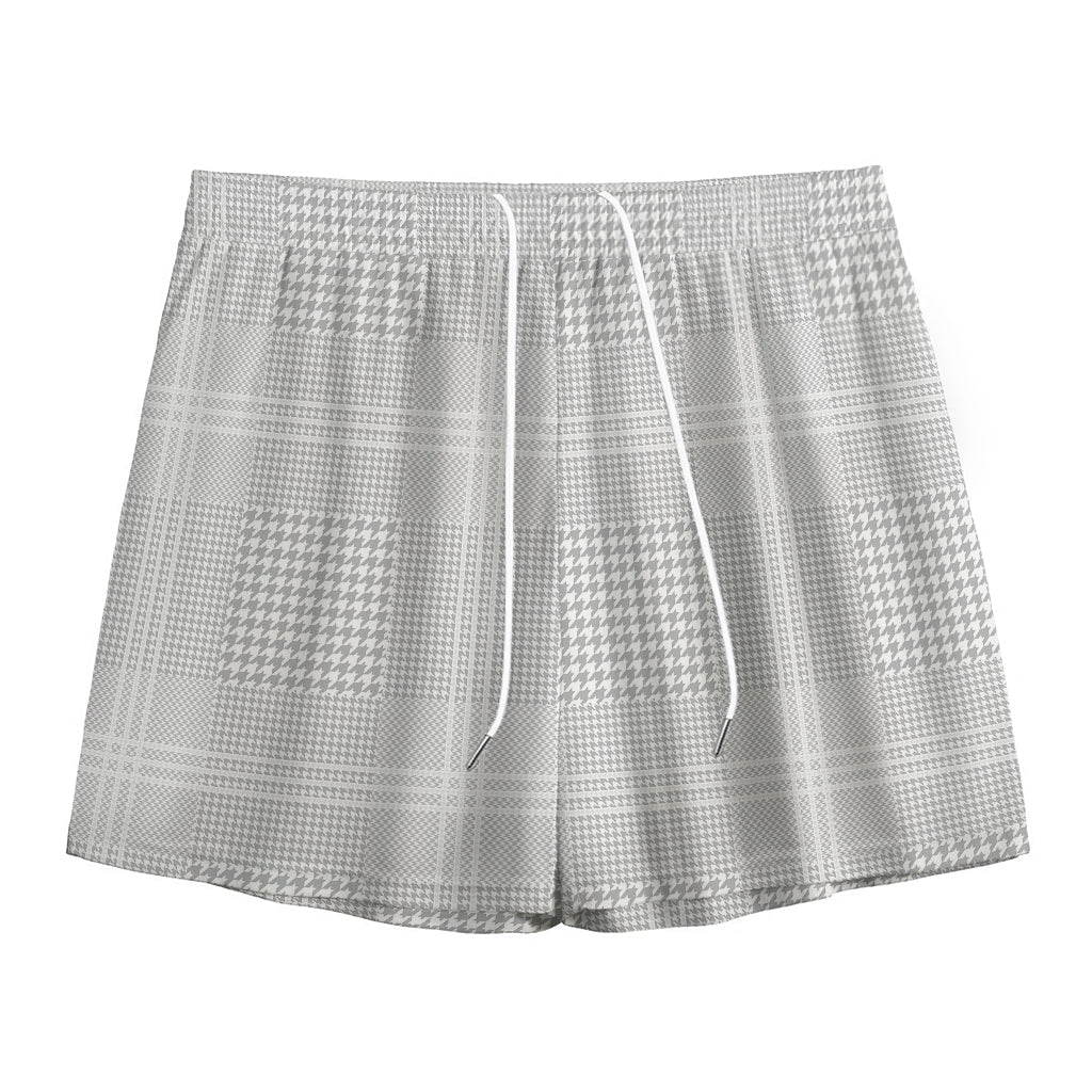 Grey And White Glen Plaid Print Mesh Shorts