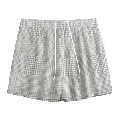 Grey And White Glen Plaid Print Mesh Shorts