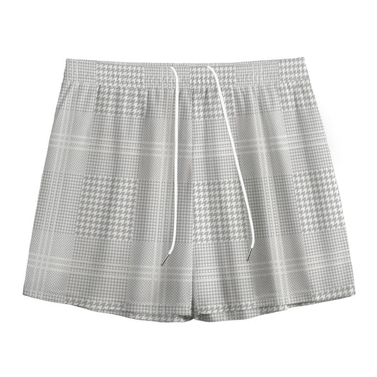 Grey And White Glen Plaid Print Mesh Shorts