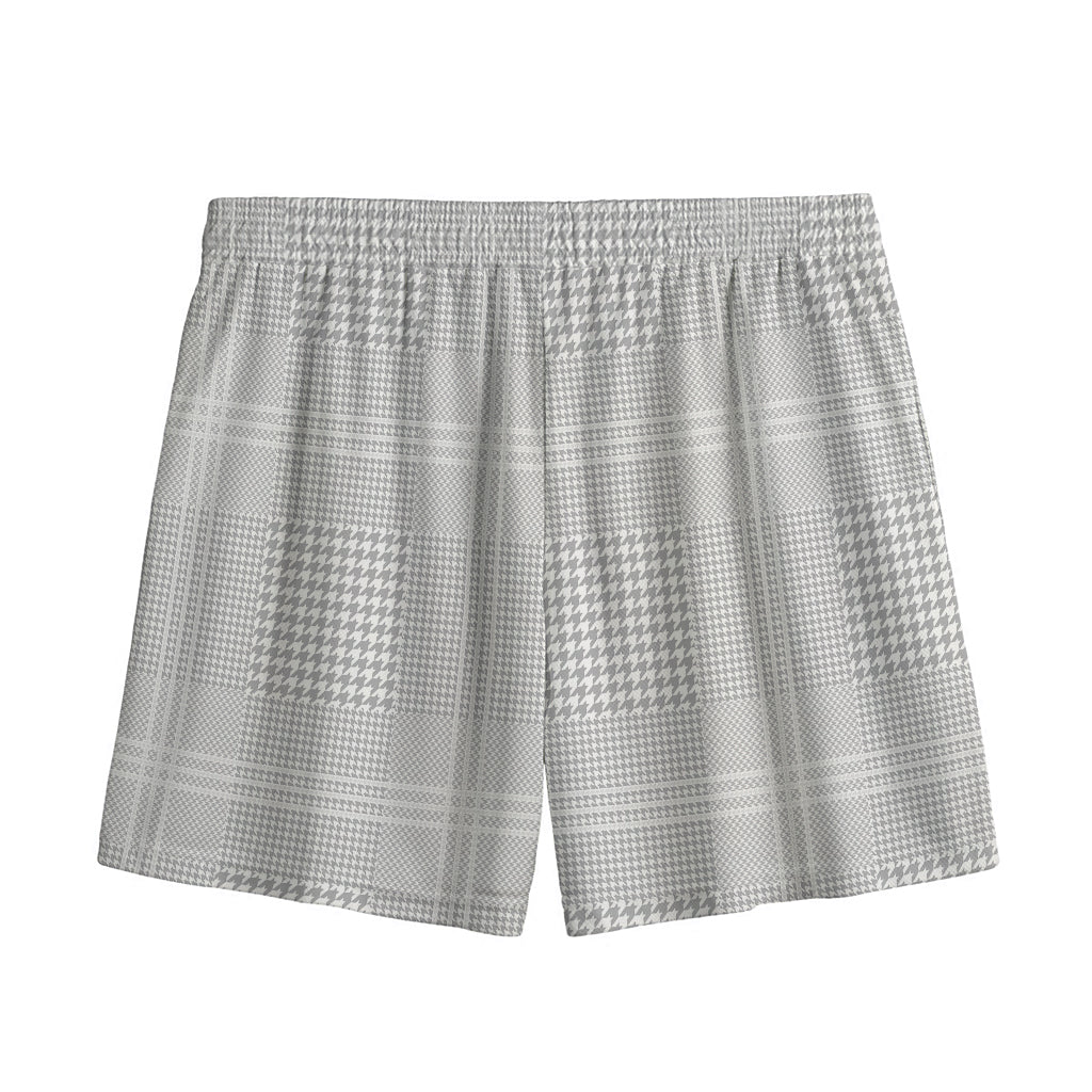 Grey And White Glen Plaid Print Mesh Shorts